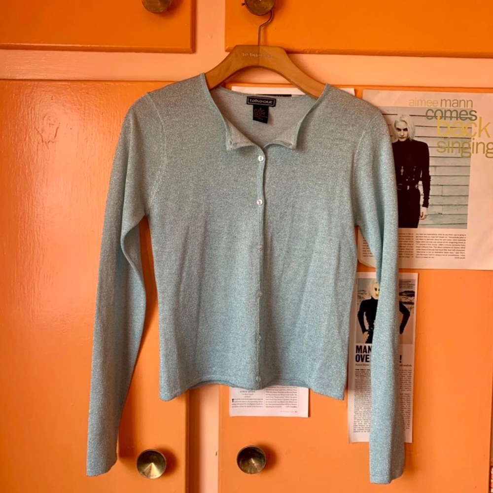 Y2k pearlescent glittery baby blue button up cardigan
